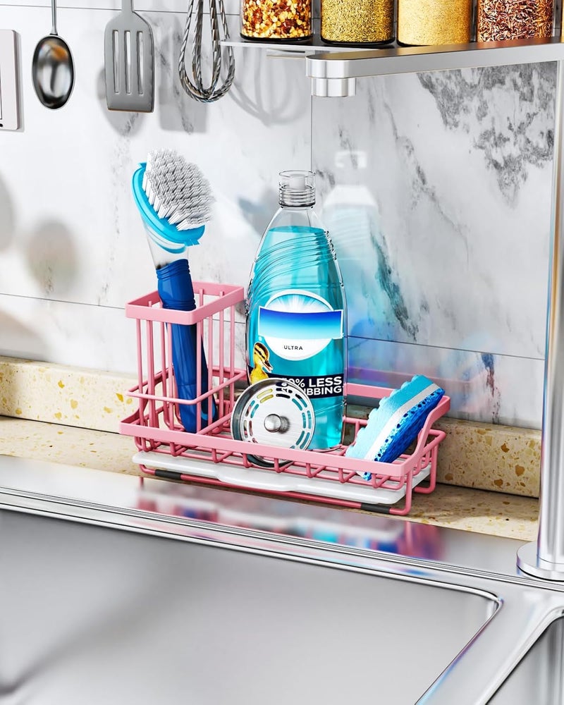 Consumest Sponge Holder for Kitchen Sink - Kitchen Sink Caddy Organizer with Removable Drip Tray for Countertop Dish Soap Dispenser Brush Storage Accessories 304 Stainless Steel, Pink - Image 3